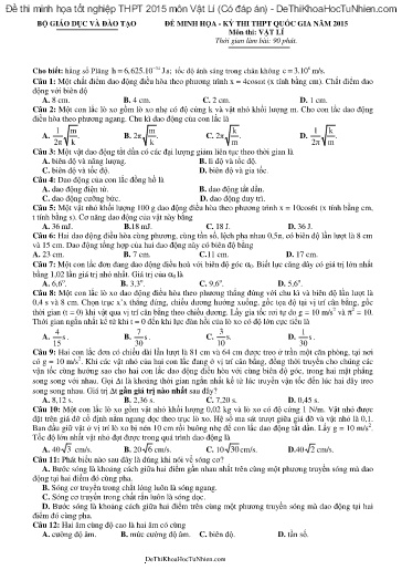 Đề thi minh họa tốt nghiệp THPT 2015 môn Vật Lí (Có đáp án)