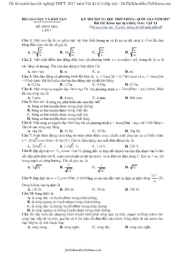 Đề thi minh họa tốt nghiệp THPT 2017 môn Vật Lí (Có đáp án)
