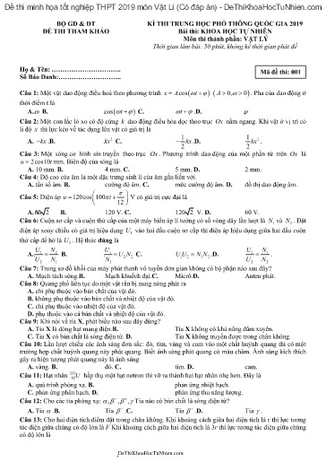 Đề thi minh họa tốt nghiệp THPT 2019 môn Vật Lí (Có đáp án)
