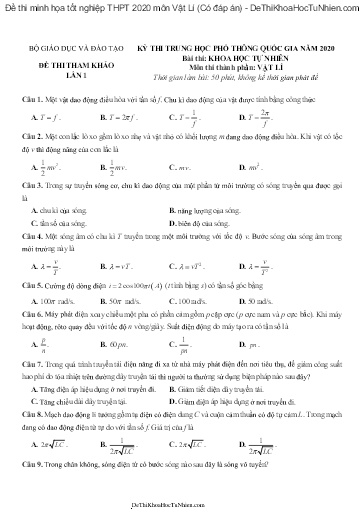 Đề thi minh họa tốt nghiệp THPT 2020 môn Vật Lí (Có đáp án)